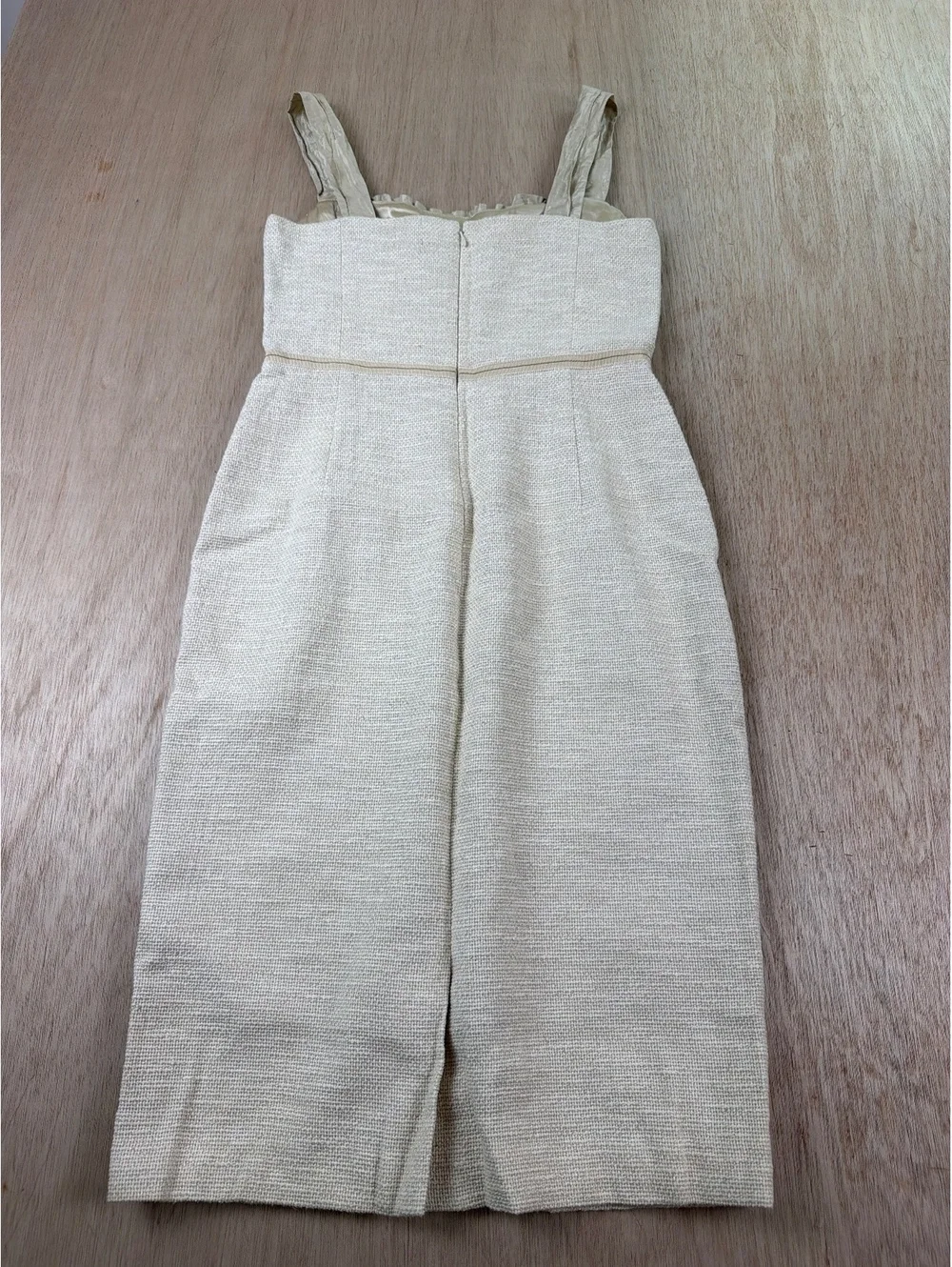 Lida Baday Cream Bouclé Sheath Dress Metallic Satin Bust Size 6 sleeveless EUC